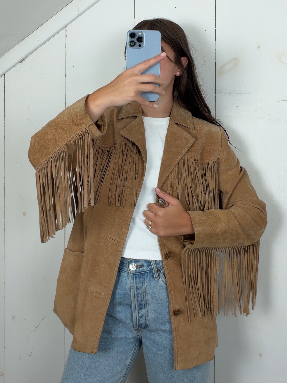 Vintage Gallery Tan Suede Leather Fringe Blazer Jacket Women’s Small Western Y2K - Picture 1 of 12